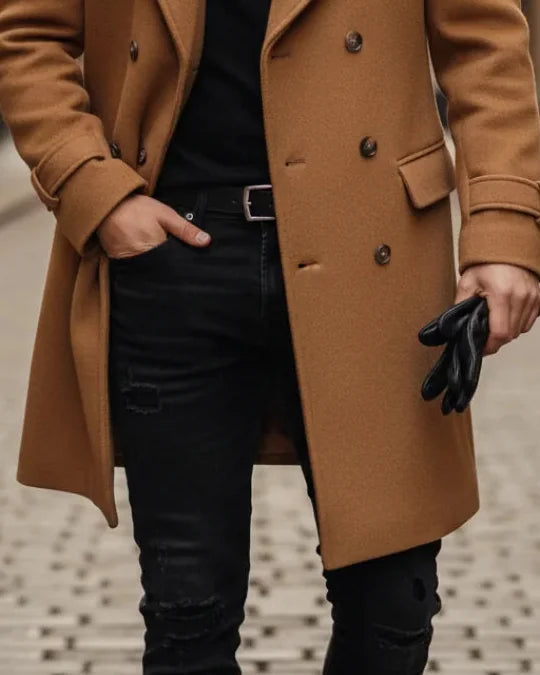 Men's Wool Coat – Blue Double-Breasted Longline