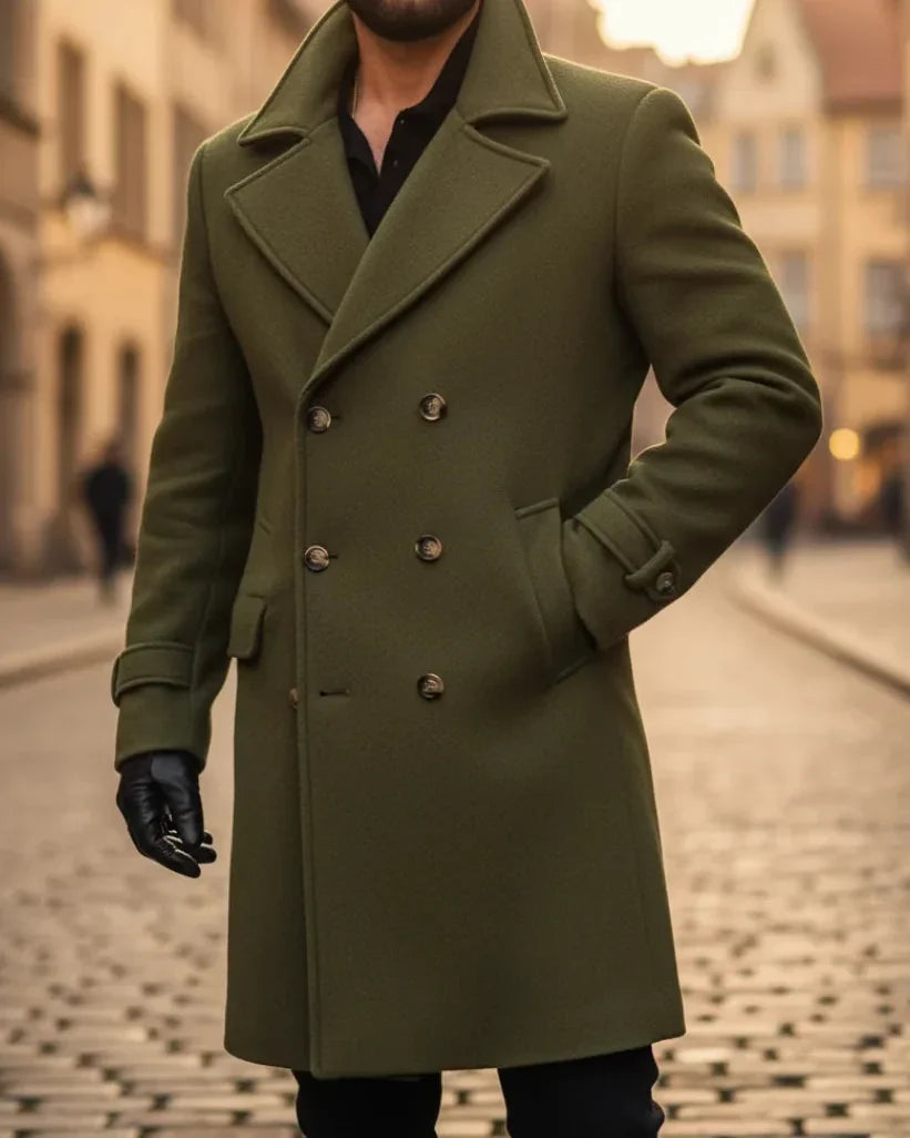 Men's Wool Coat – Blue Double-Breasted Longline