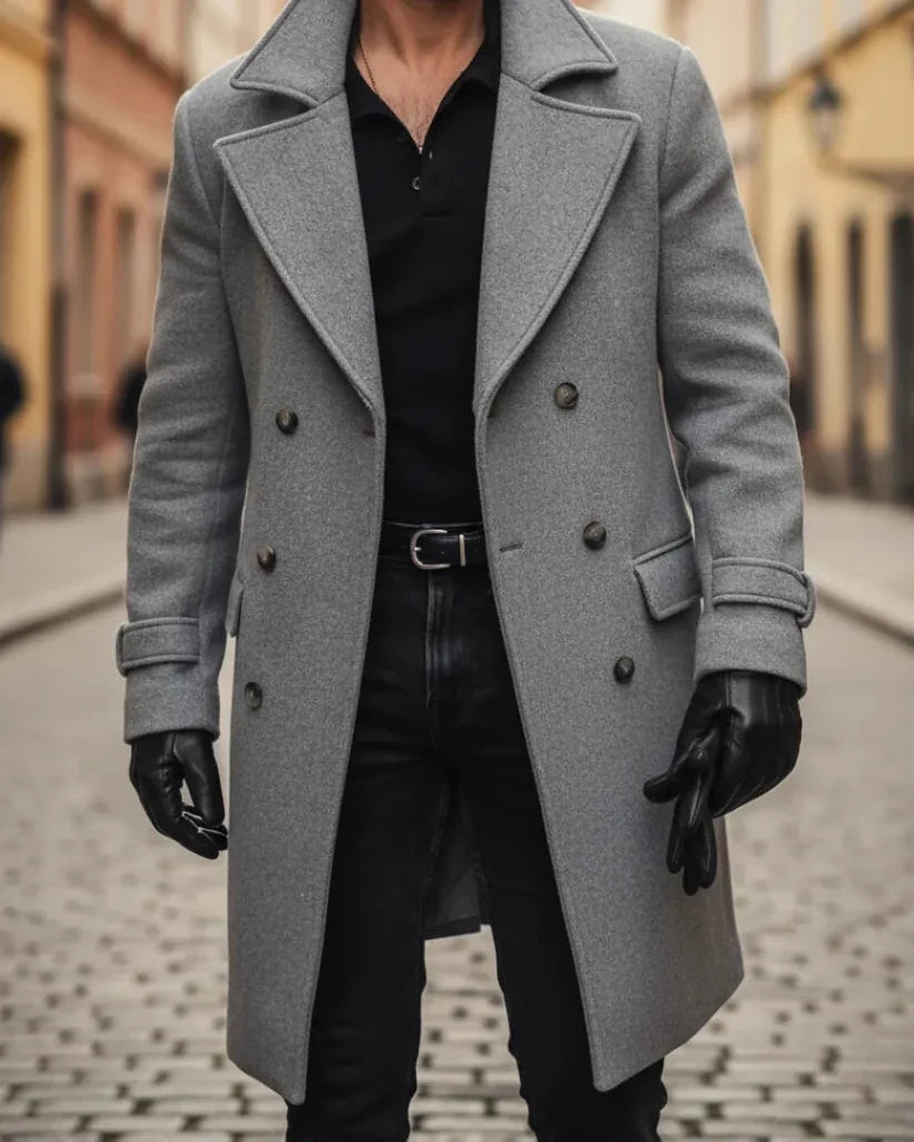 Men's Wool Coat – Blue Double-Breasted Longline