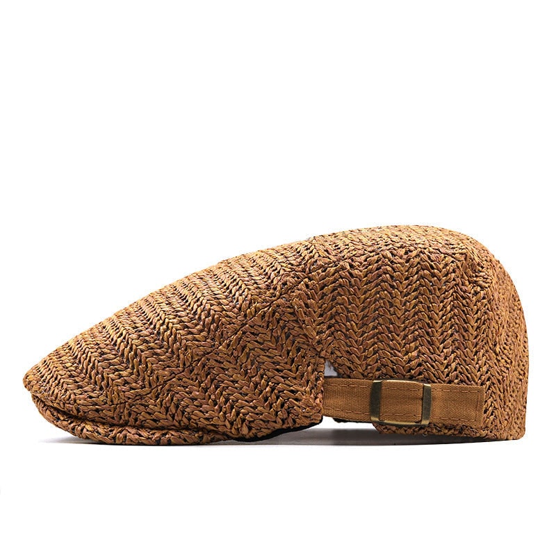 Men's Woven Straw Flat Cap with Chevron Weave and Adjustable Buckle Strap