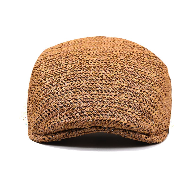 Men's Woven Straw Flat Cap with Chevron Weave and Adjustable Buckle Strap