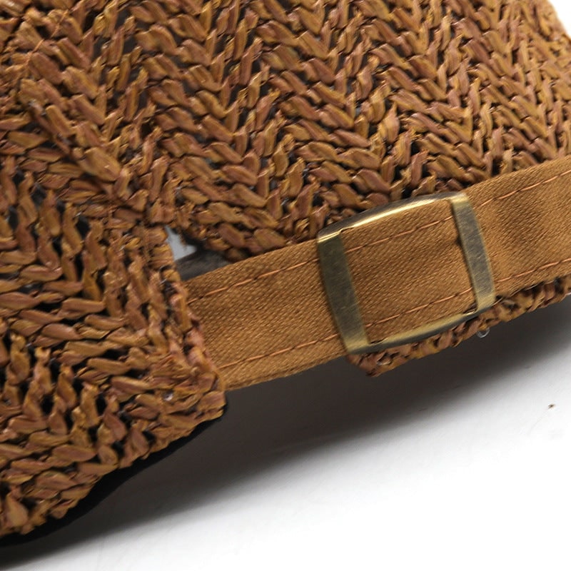 Men's Woven Straw Flat Cap with Chevron Weave and Adjustable Buckle Strap