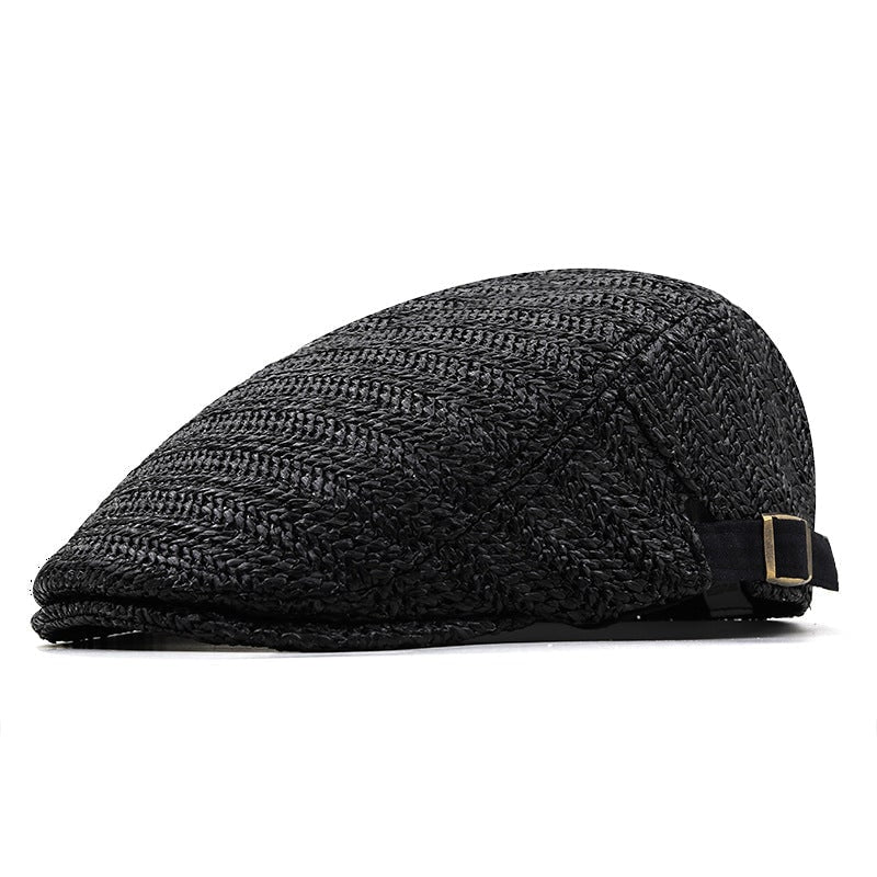 Men's Woven Straw Flat Cap with Chevron Weave and Adjustable Buckle Strap