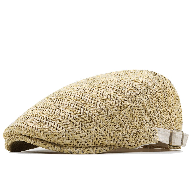 Men's Woven Straw Flat Cap with Chevron Weave and Adjustable Buckle Strap
