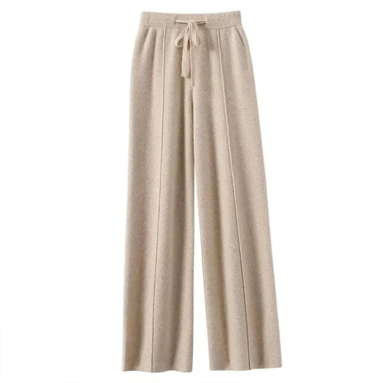 Merino Wool Wide-Leg Pants – High-Waisted, Drawstring Tie & Pintuck Seams | Ottilie
