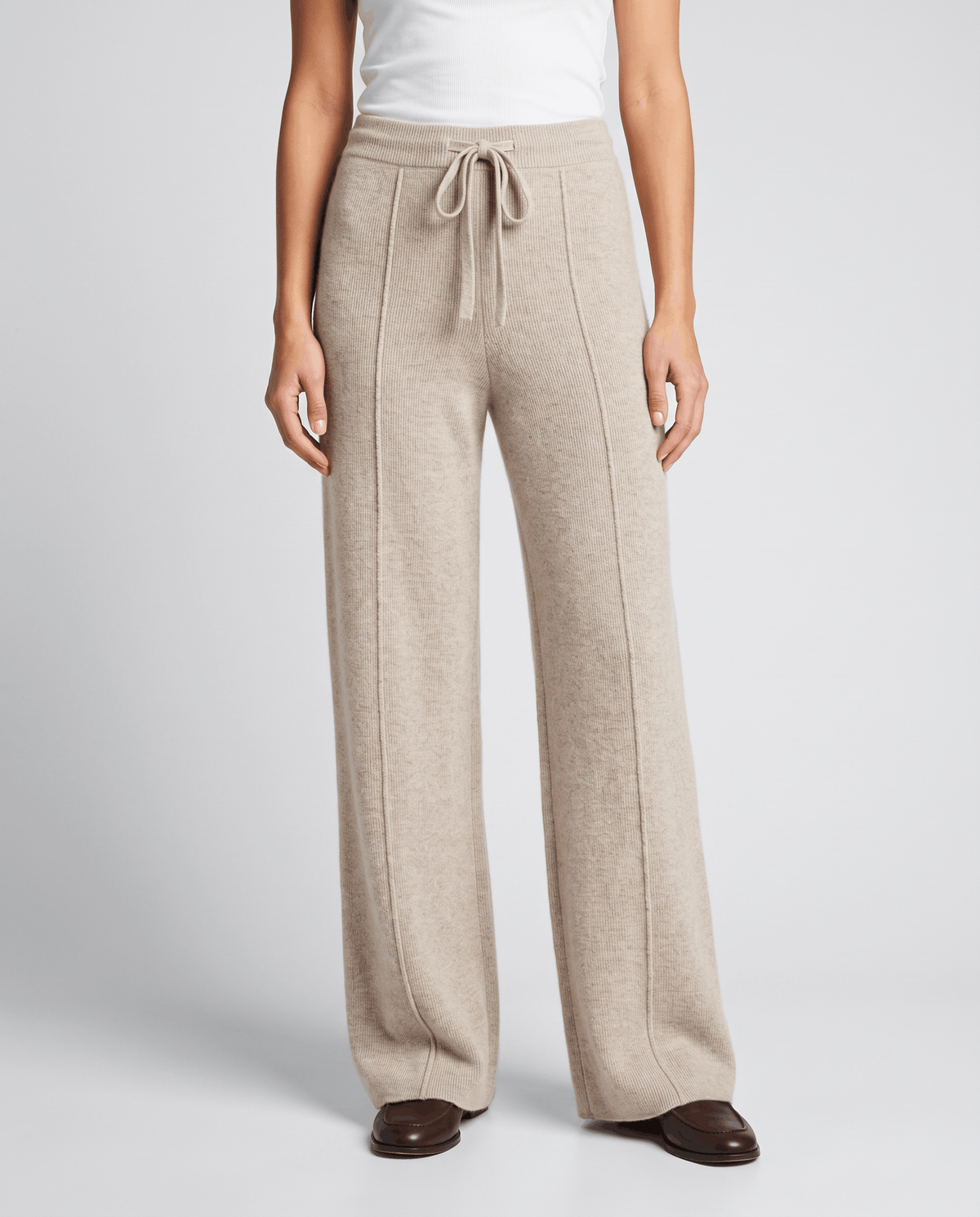 Merino Wool Wide-Leg Pants – High-Waisted, Drawstring Tie & Pintuck Seams | Ottilie