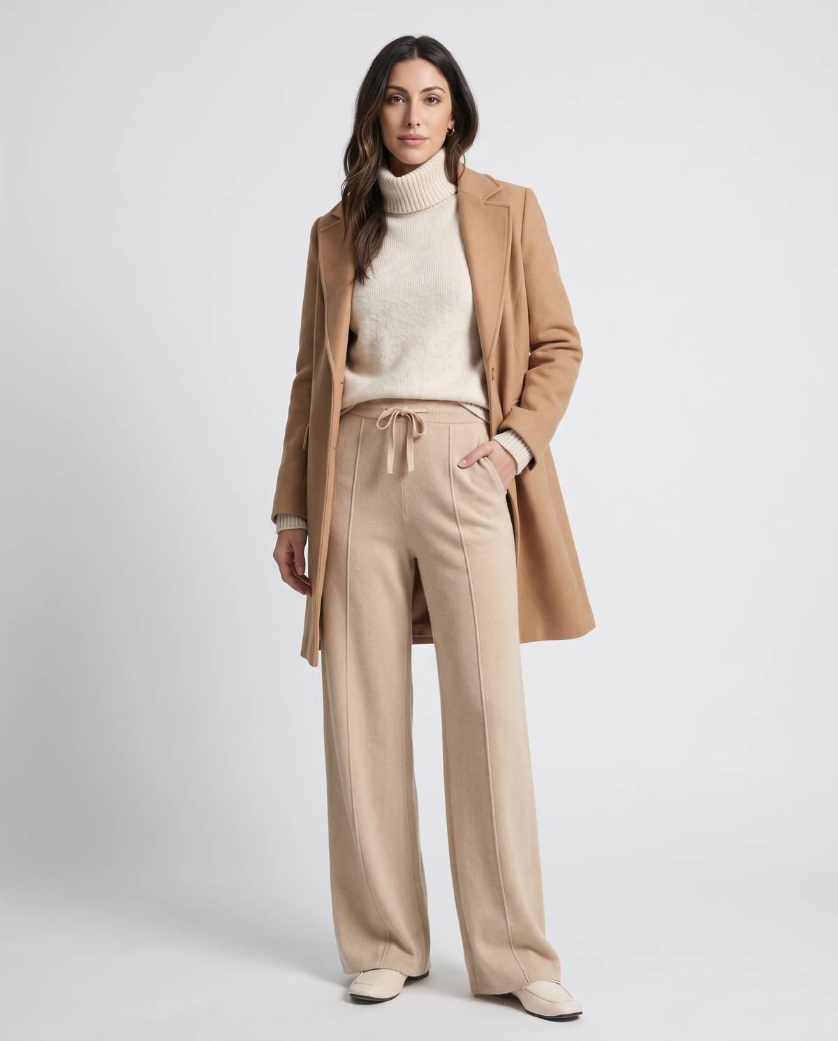 Merino Wool Wide-Leg Pants – High-Waisted, Drawstring Tie & Pintuck Seams | Ottilie