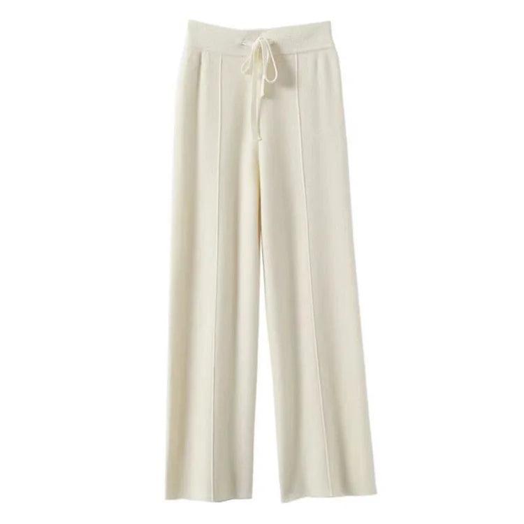 Merino Wool Wide-Leg Pants – High-Waisted, Drawstring Tie & Pintuck Seams | Ottilie