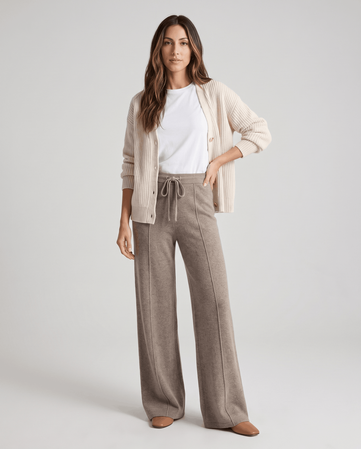 Merino Wool Wide-Leg Pants – High-Waisted, Drawstring Tie & Pintuck Seams | Ottilie