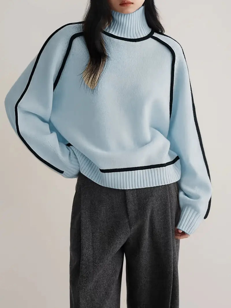 Clarissa | Contrast Piping Brown Turtleneck Sweater