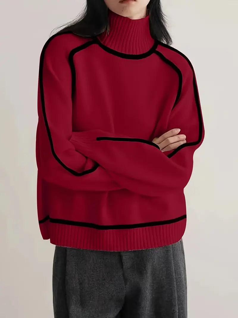Clarissa | Contrast Piping Brown Turtleneck Sweater