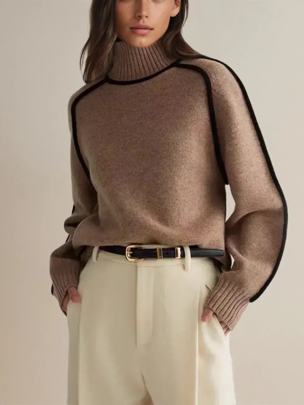 Clarissa | Contrast Piping Brown Turtleneck Sweater