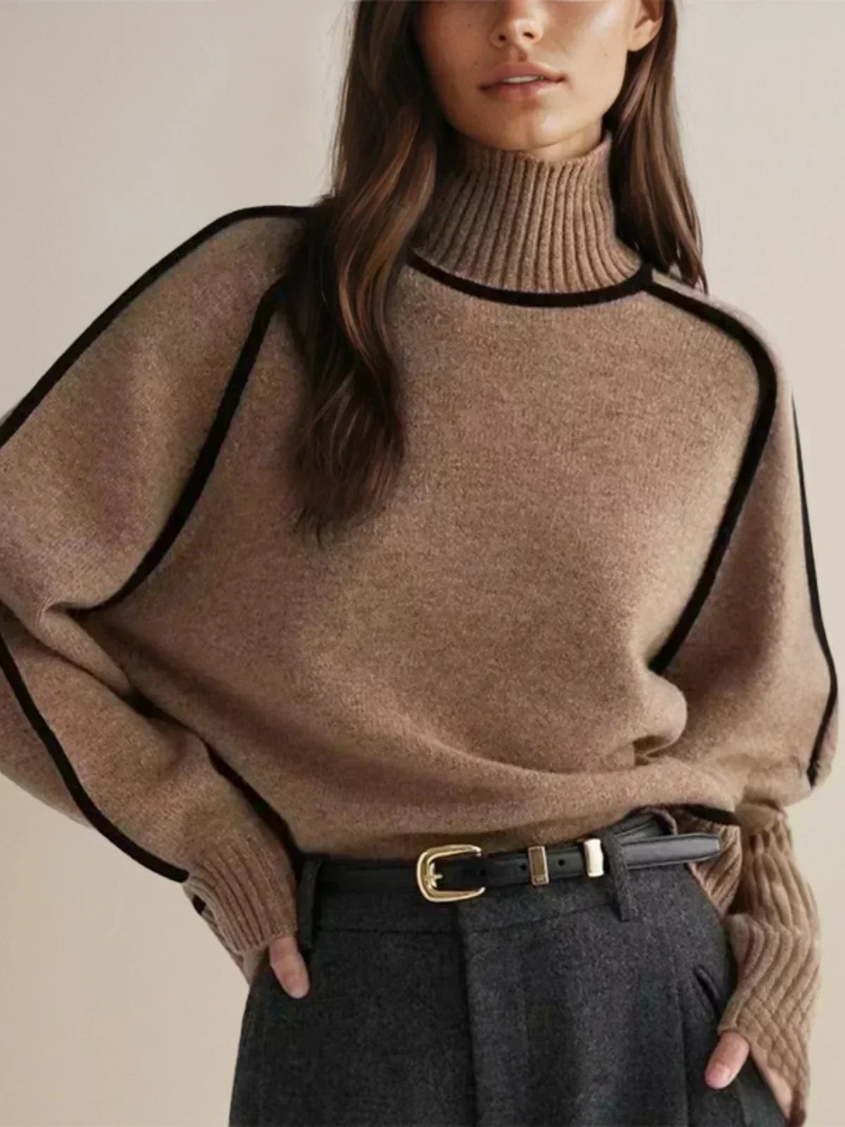 Clarissa | Contrast Piping Brown Turtleneck Sweater