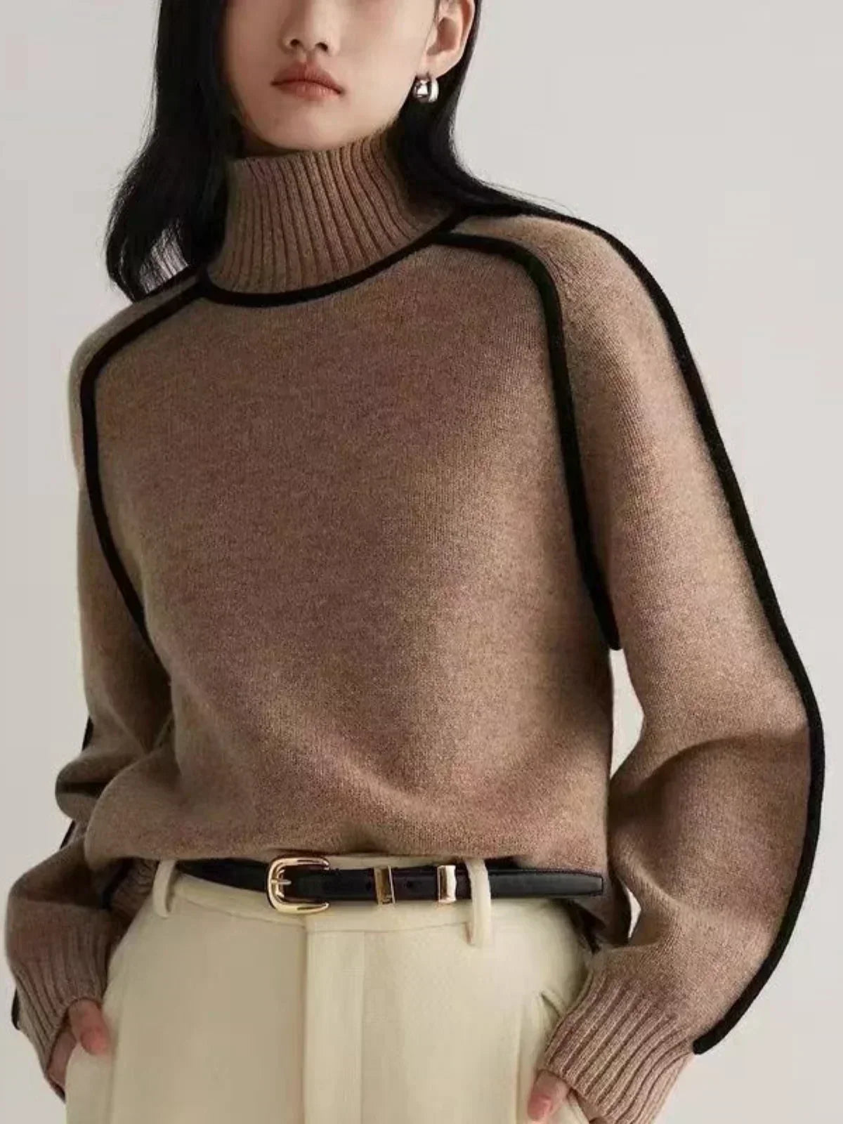 Clarissa | Contrast Piping Brown Turtleneck Sweater