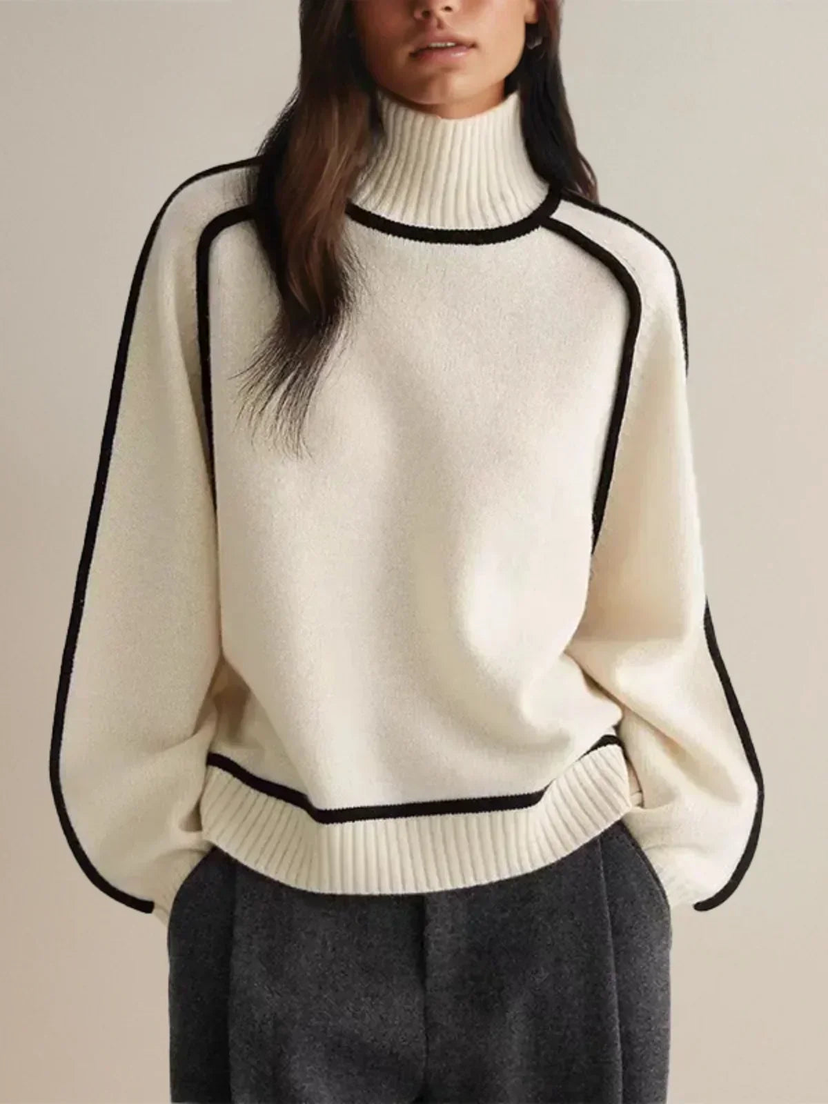 Clarissa | Contrast Piping Brown Turtleneck Sweater