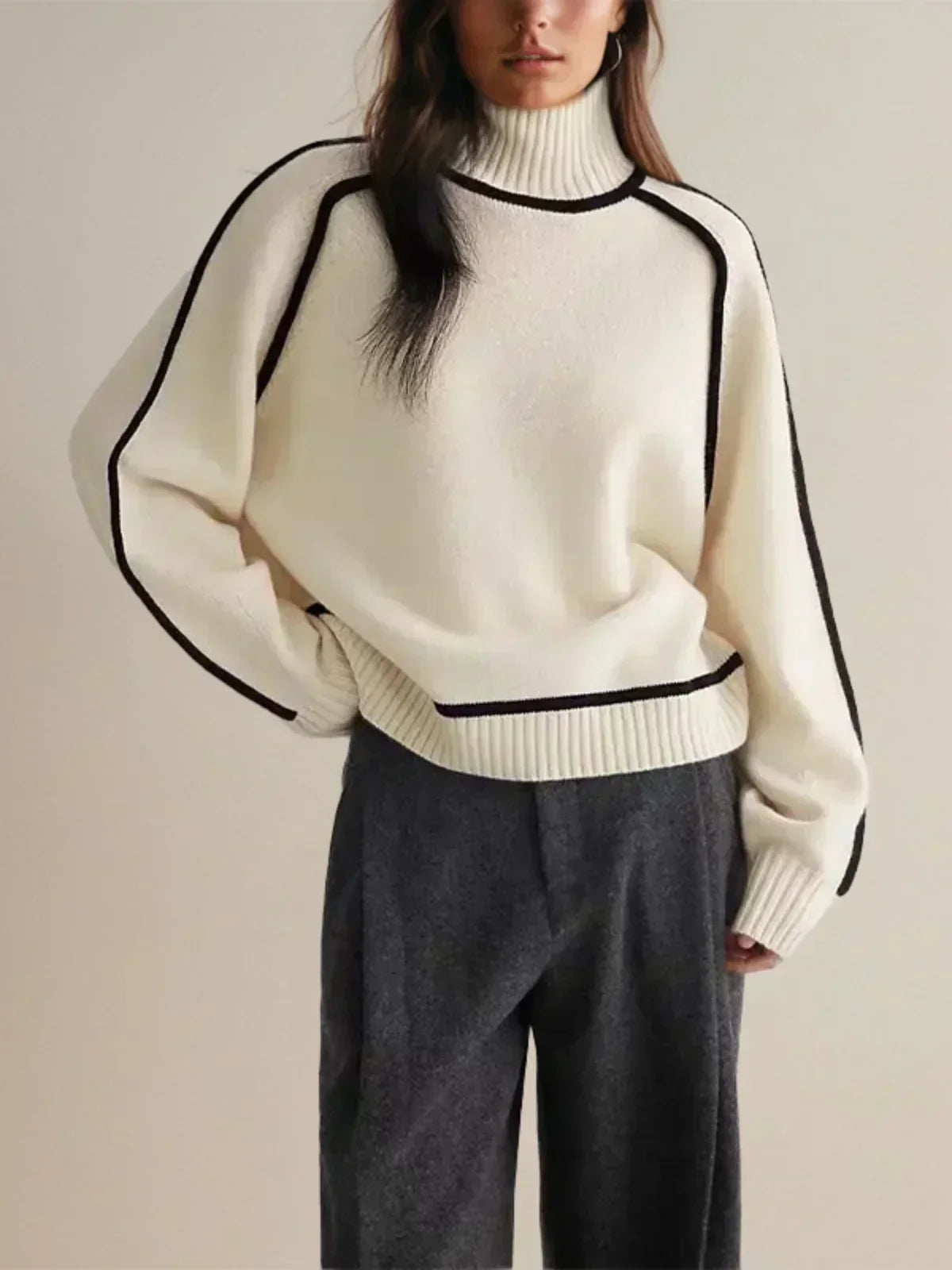 Clarissa | Contrast Piping Brown Turtleneck Sweater