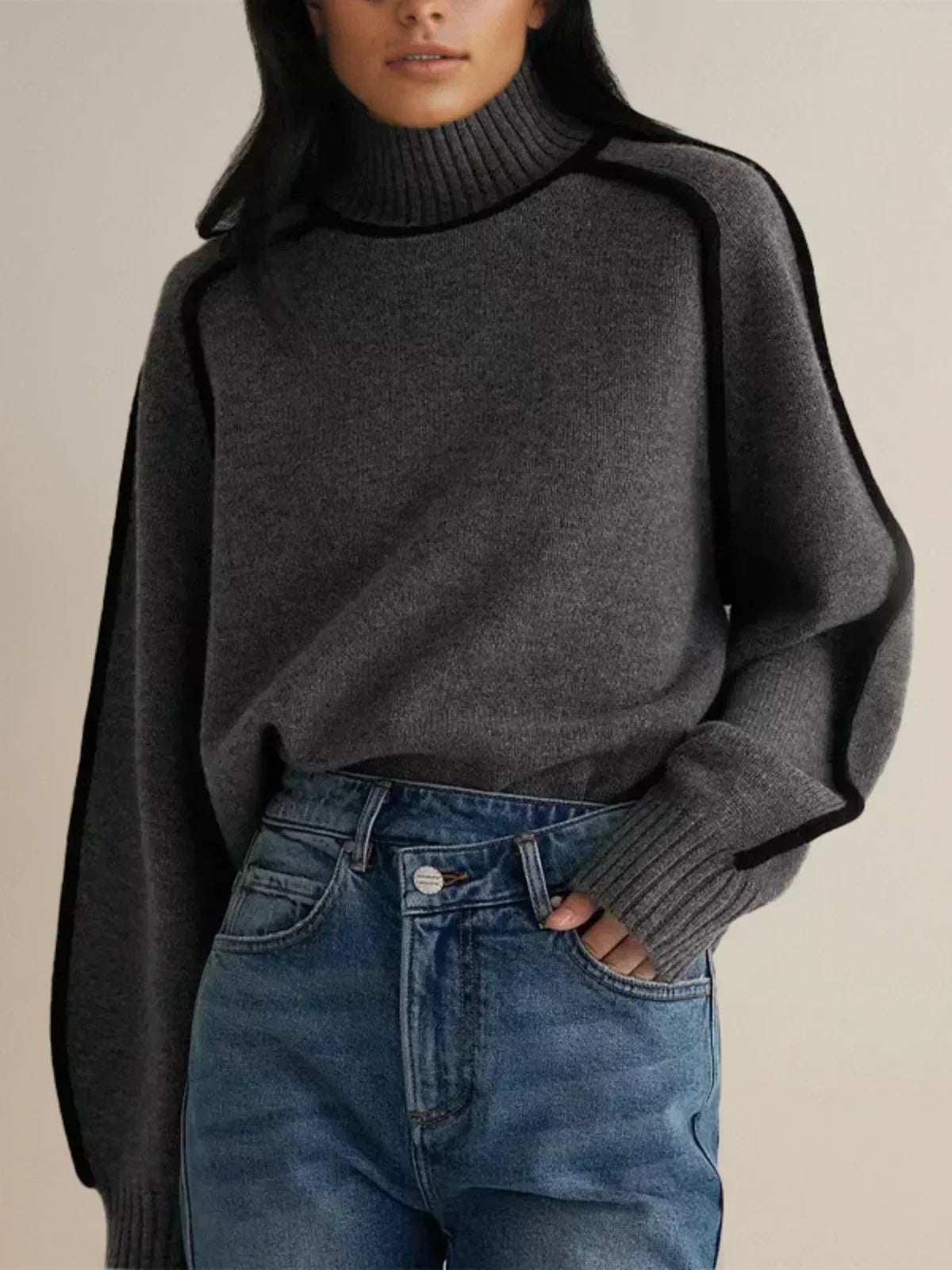 Clarissa | Contrast Piping Brown Turtleneck Sweater