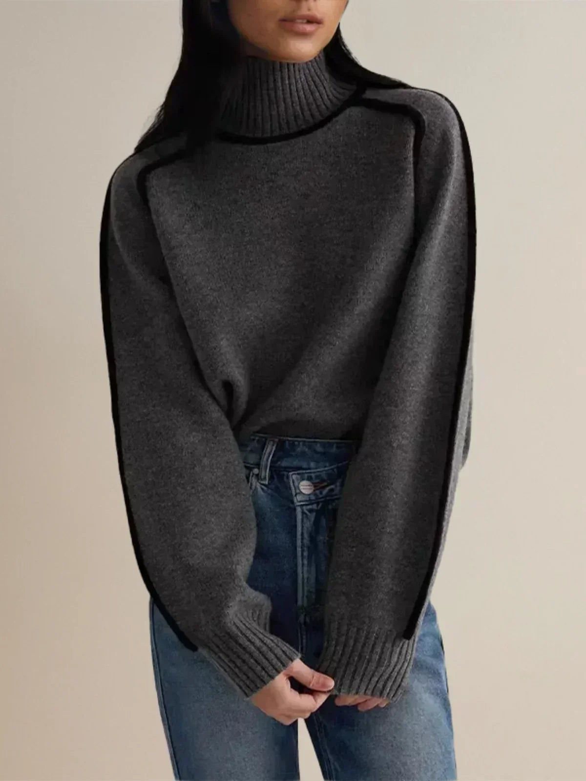 Clarissa | Contrast Piping Brown Turtleneck Sweater