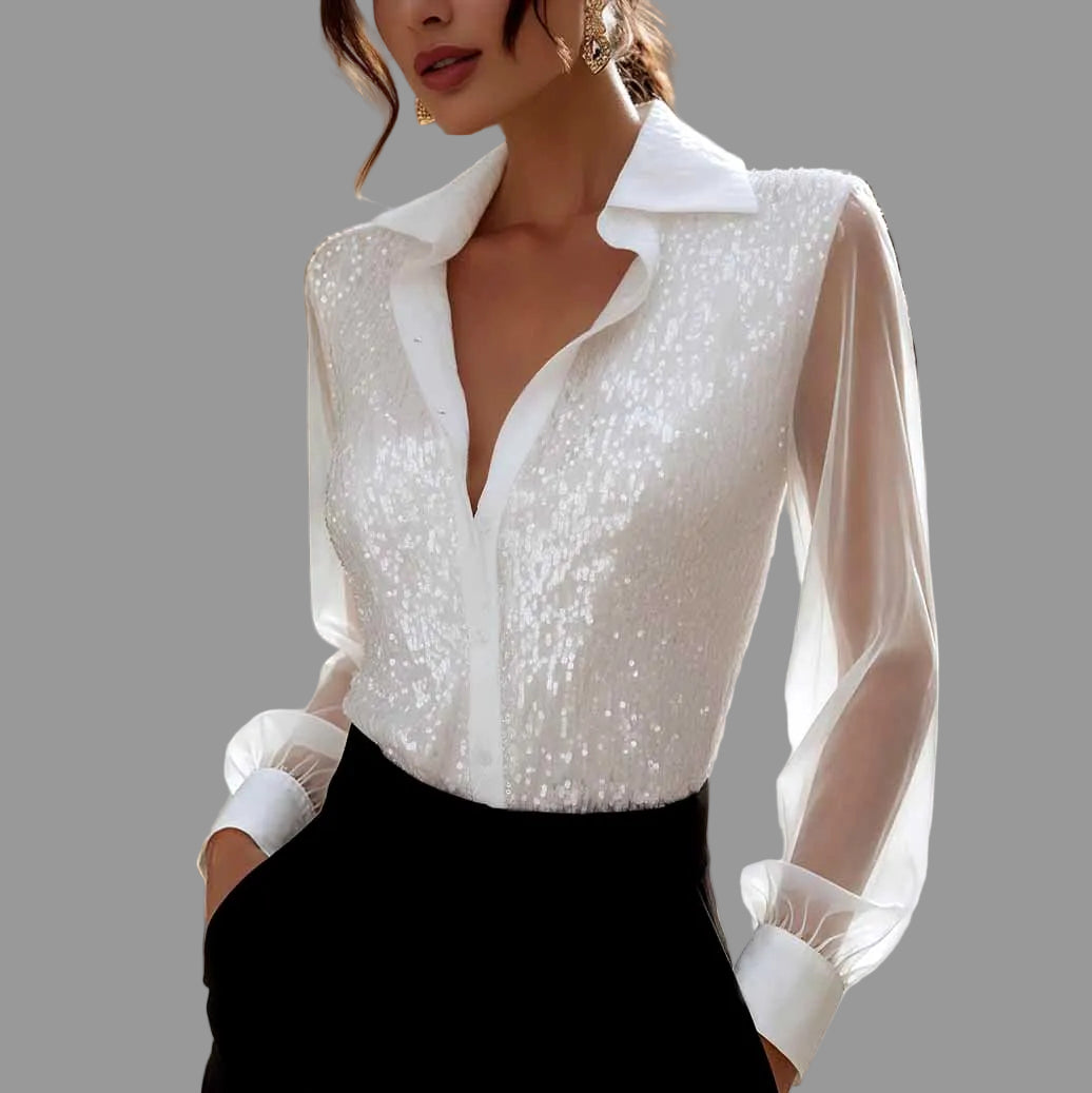 Michelle - Women's Sequin Button-Front Blouse
