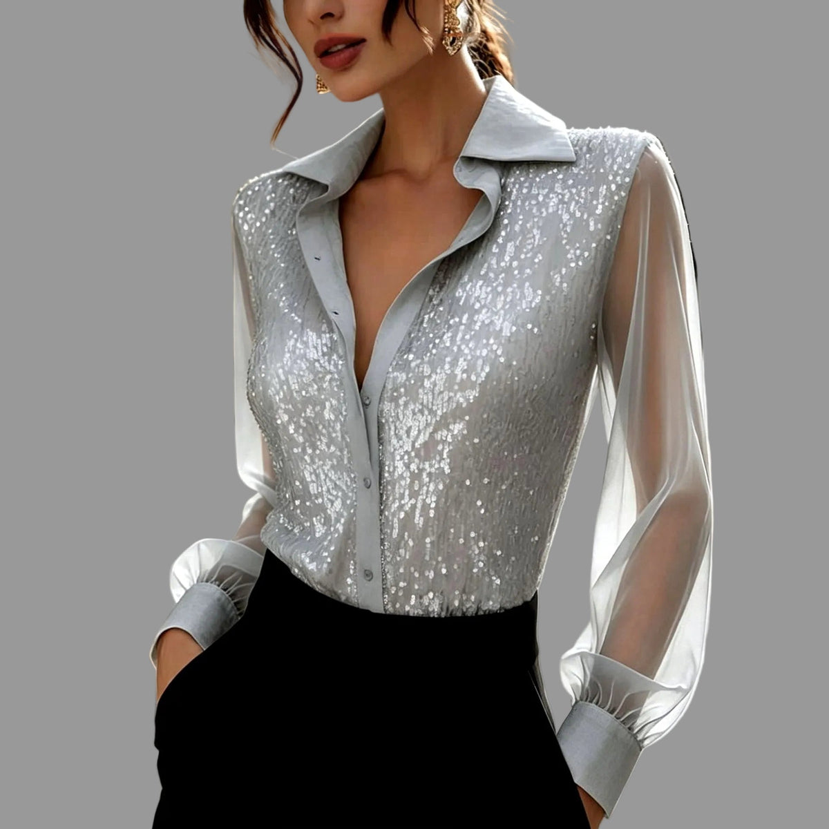 Michelle - Women's Sequin Button-Front Blouse