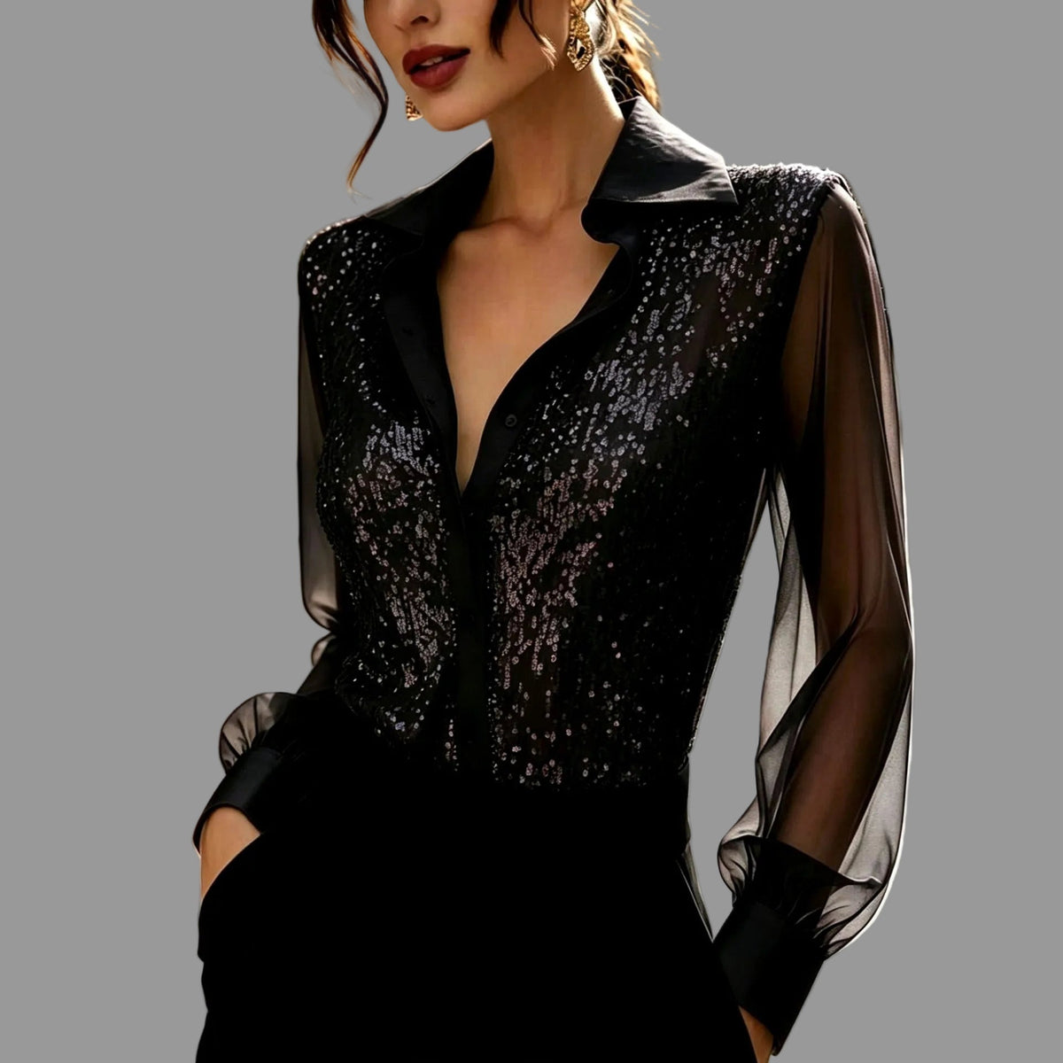 Michelle - Women's Sequin Button-Front Blouse
