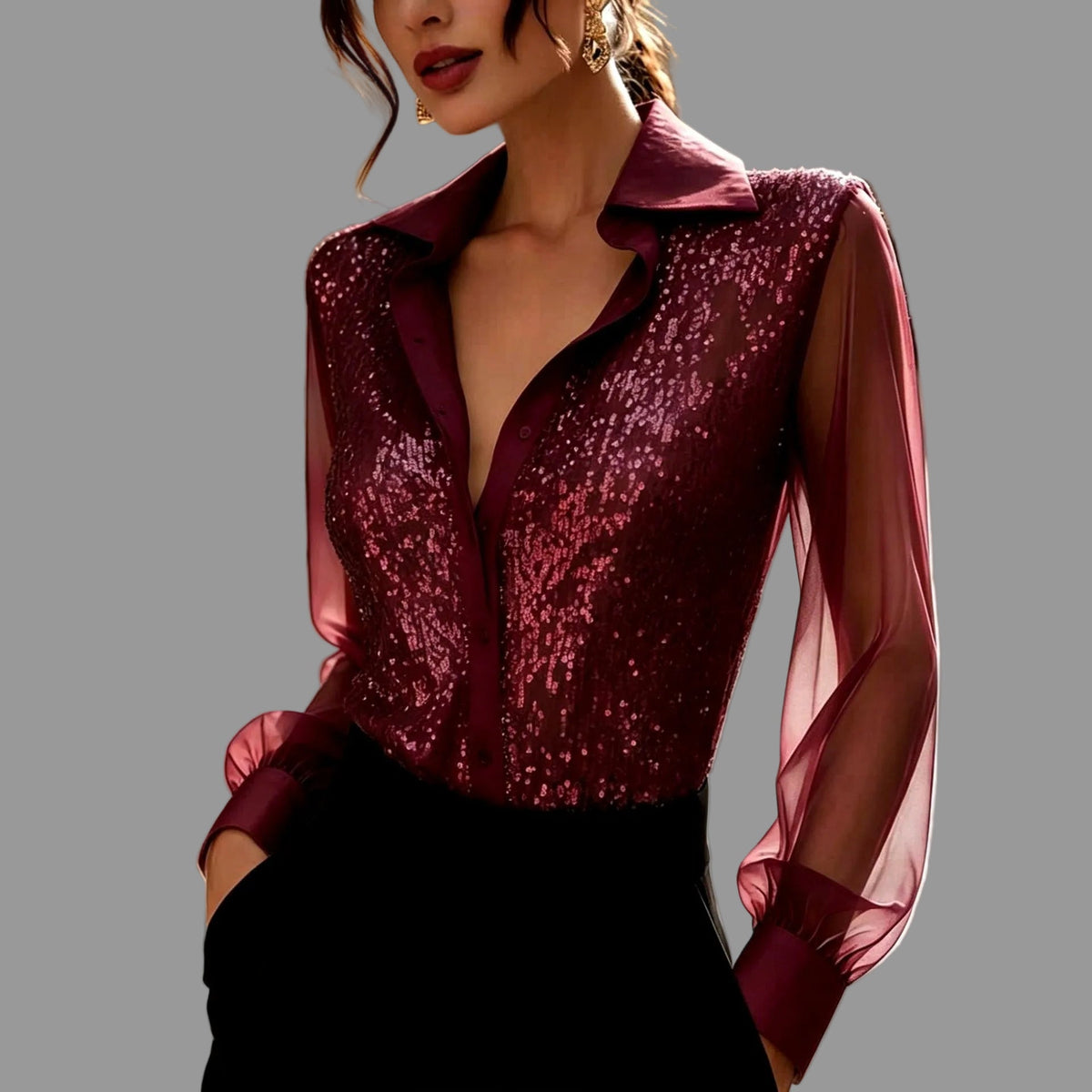 Michelle - Women's Sequin Button-Front Blouse