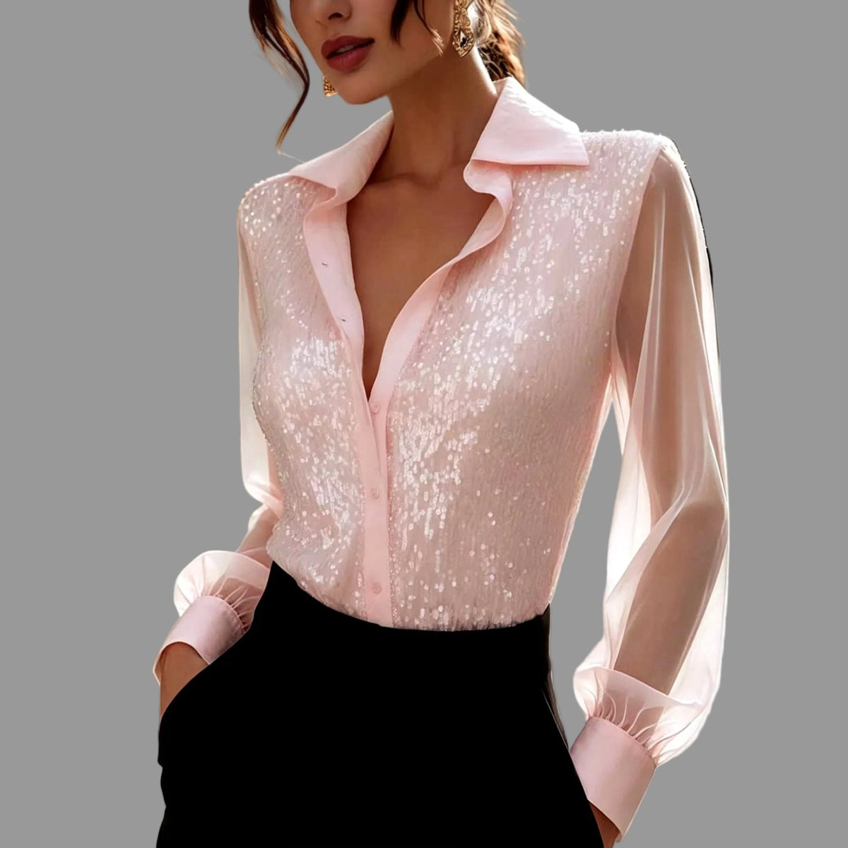 Michelle - Women's Sequin Button-Front Blouse