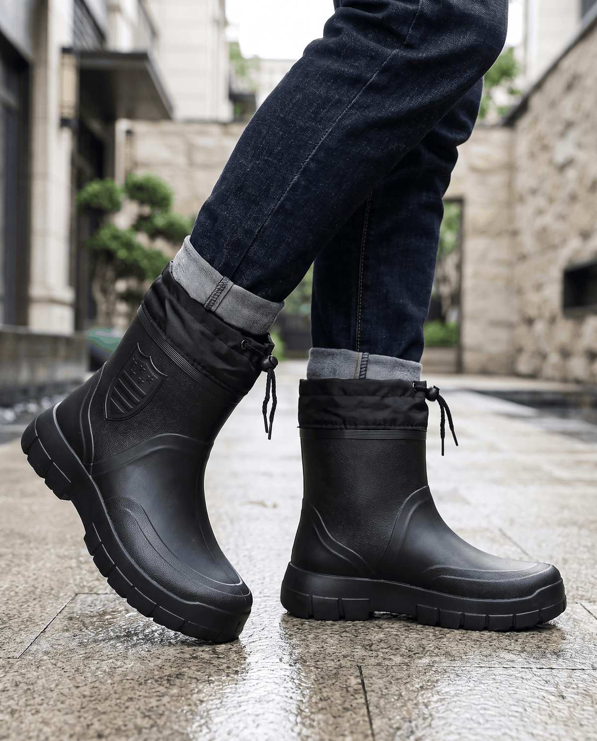Mid-Calf Rain Boots – Drawstring Collar & Tread Sole | Ivar