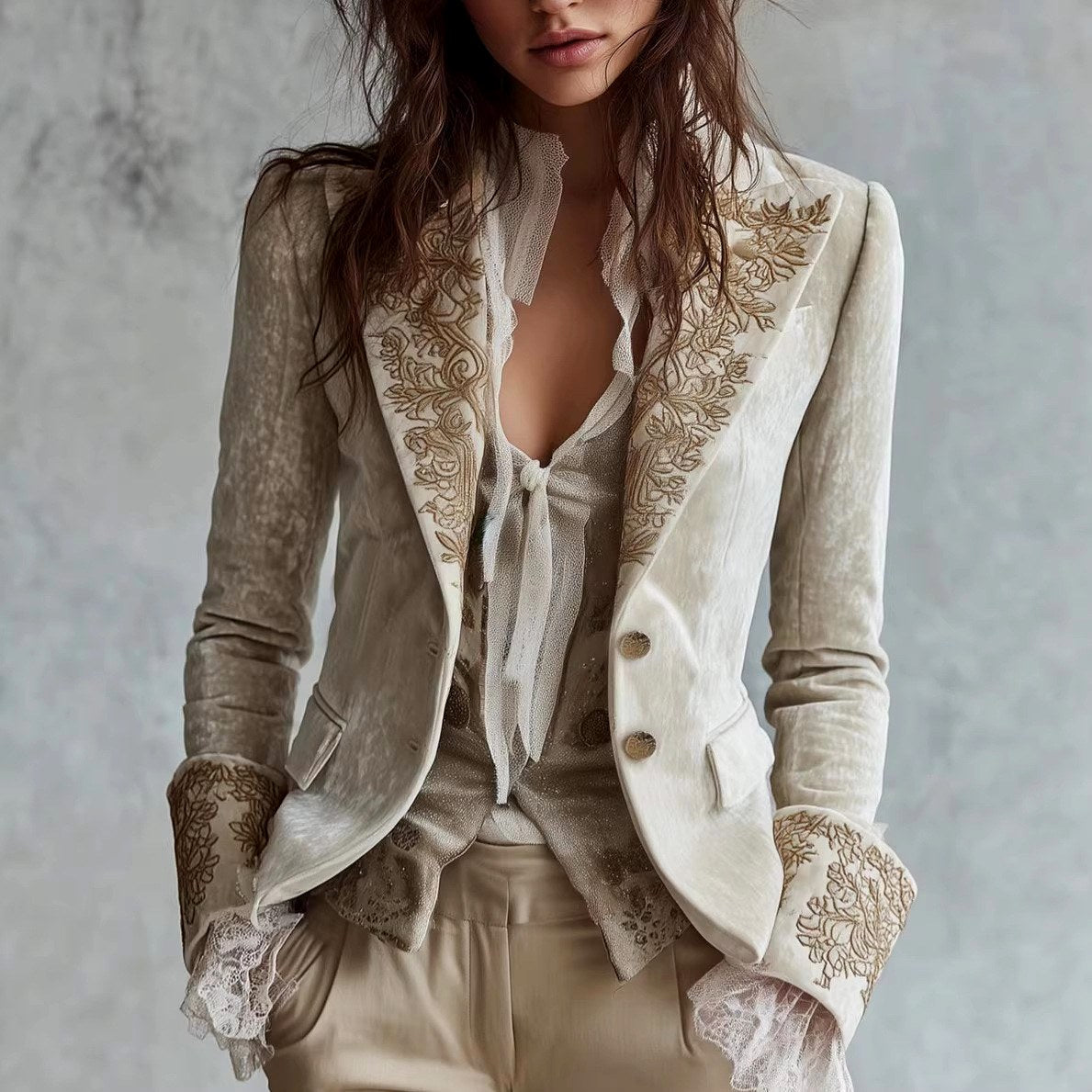 Mira - Women's Floral Embroidered Velvet Blazer with Lace Bell Cuffs