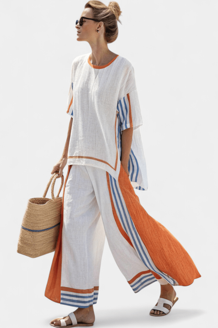Women’s Printed Asymmetric Tunic Top and Wide Leg Trouser Set – Relaxed Two-Piece Summer Outfit for Holidays and Casual Wear