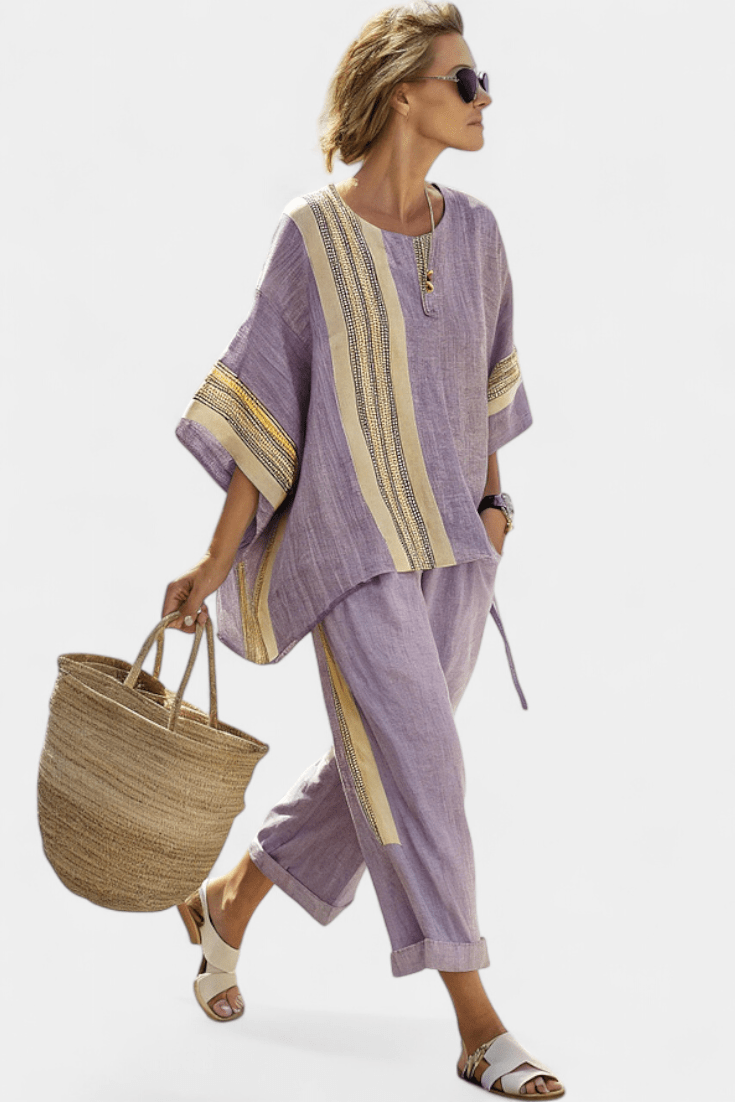 Women’s Printed Asymmetric Tunic Top and Wide Leg Trouser Set – Relaxed Two-Piece Summer Outfit for Holidays and Casual Wear