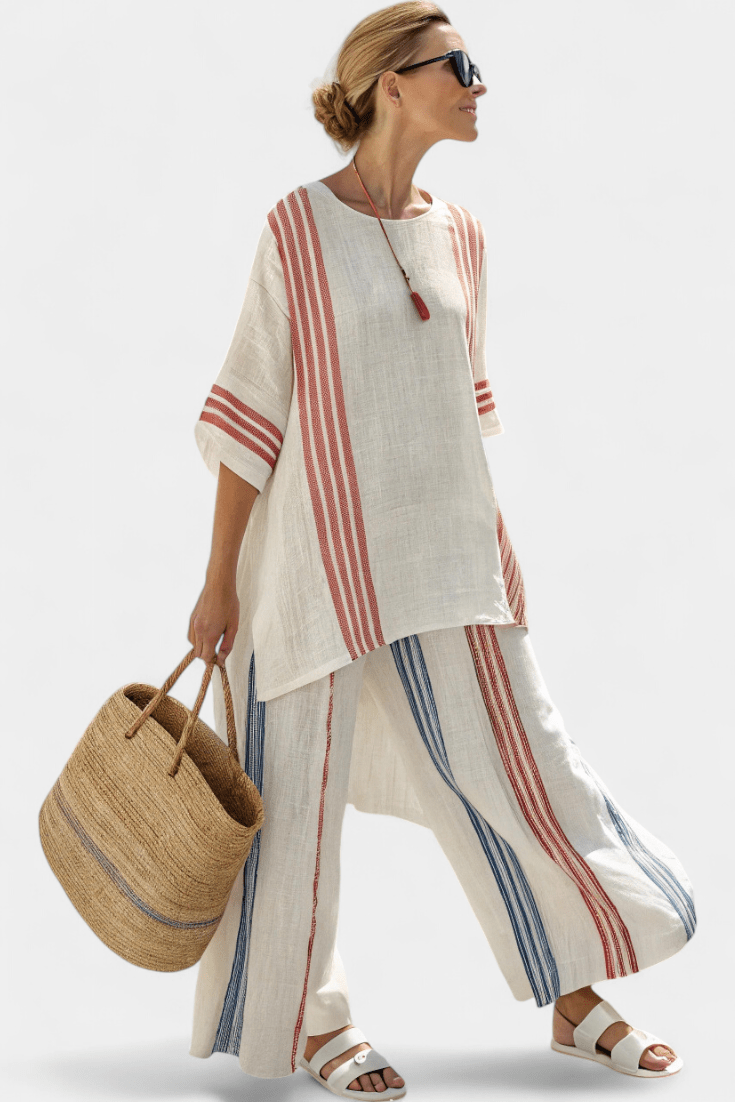 Women’s Printed Asymmetric Tunic Top and Wide Leg Trouser Set – Relaxed Two-Piece Summer Outfit for Holidays and Casual Wear