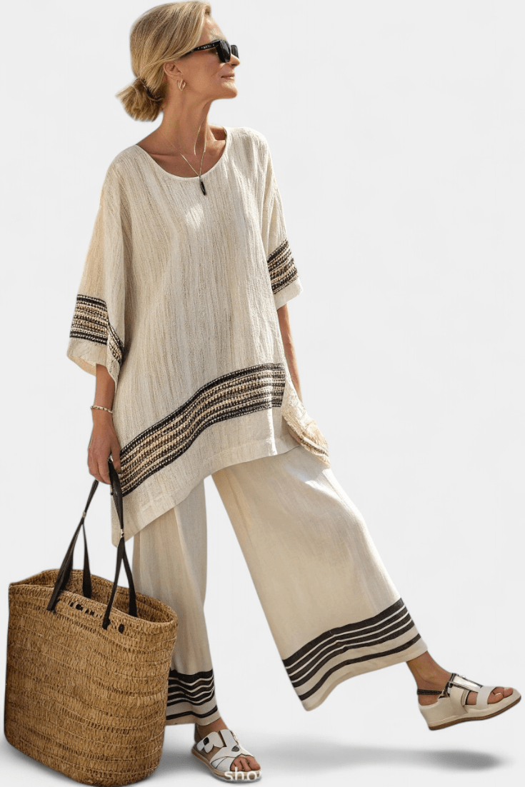 Women’s Printed Asymmetric Tunic Top and Wide Leg Trouser Set – Relaxed Two-Piece Summer Outfit for Holidays and Casual Wear