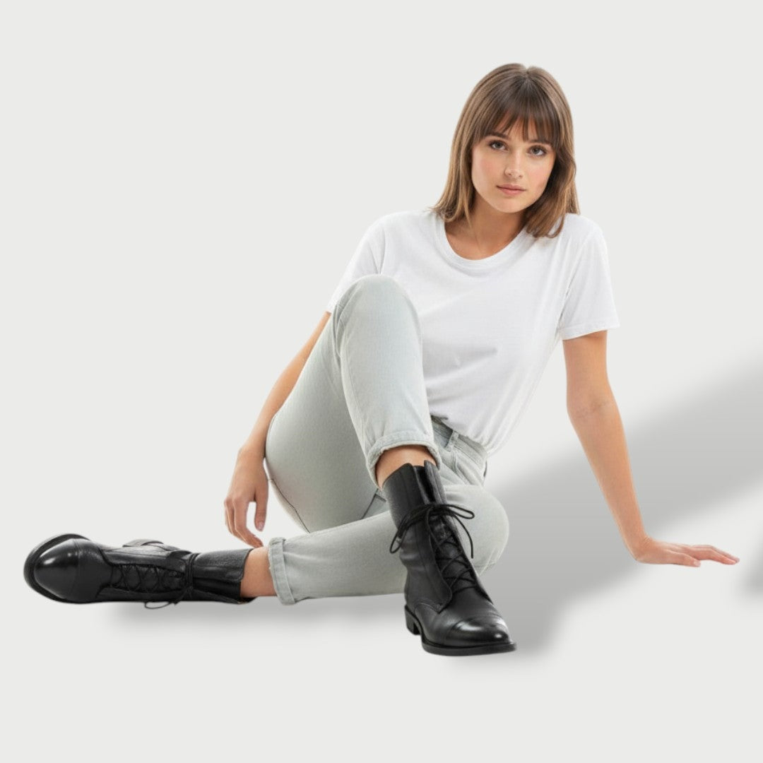 Rosalie | Women's Leather Combat Boots Flat Lace Up Mid Calf Military