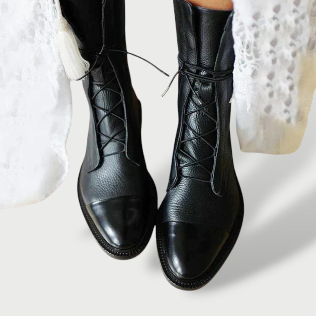 Rosalie | Women's Leather Combat Boots Flat Lace Up Mid Calf Military