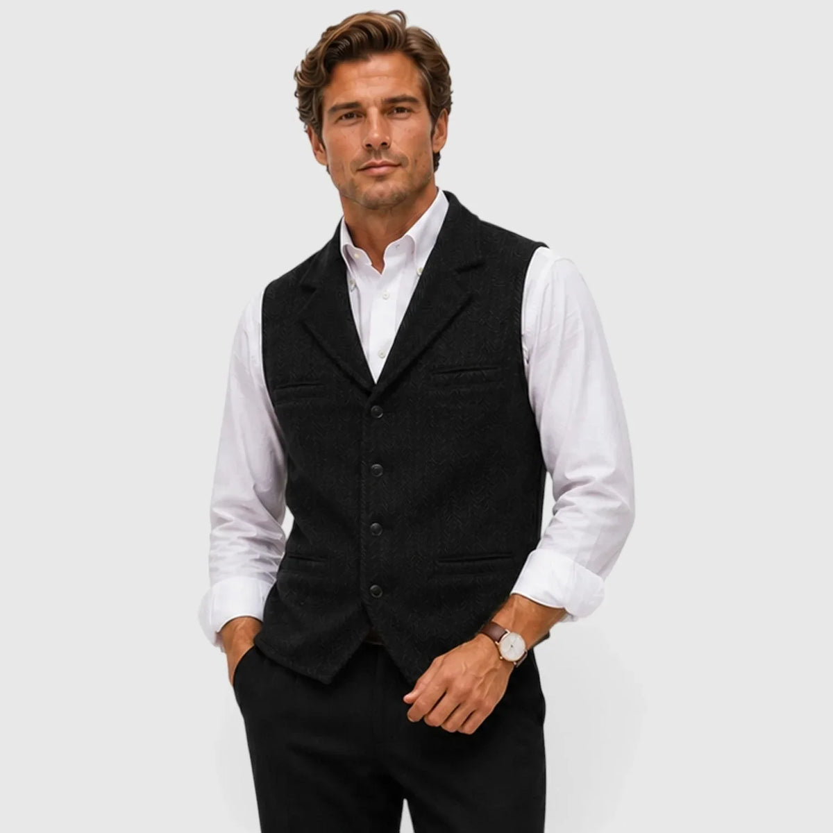 Men's Slim Fit Waistcoat | Herringbone Wool Blend Vest