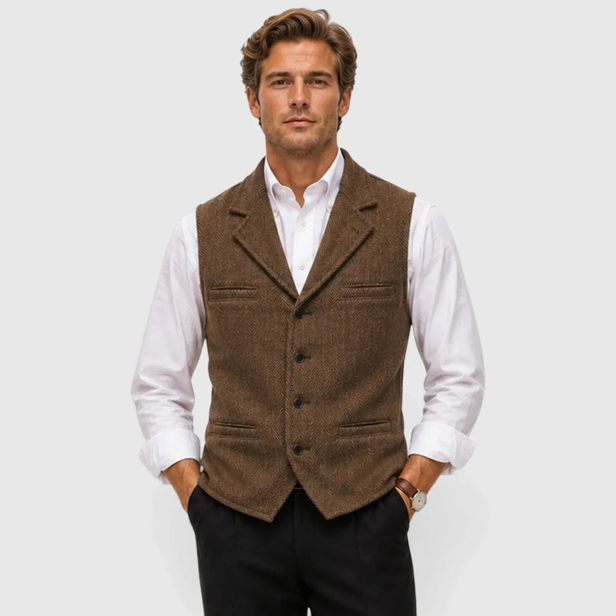 Men's Slim Fit Waistcoat | Herringbone Wool Blend Vest