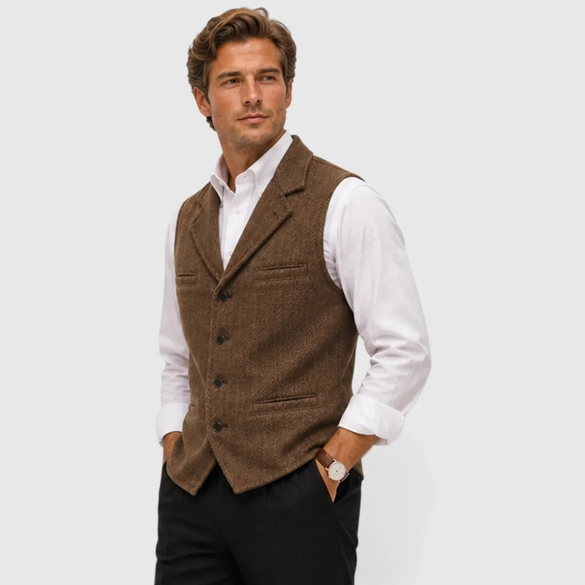Men's Slim Fit Waistcoat | Herringbone Wool Blend Vest