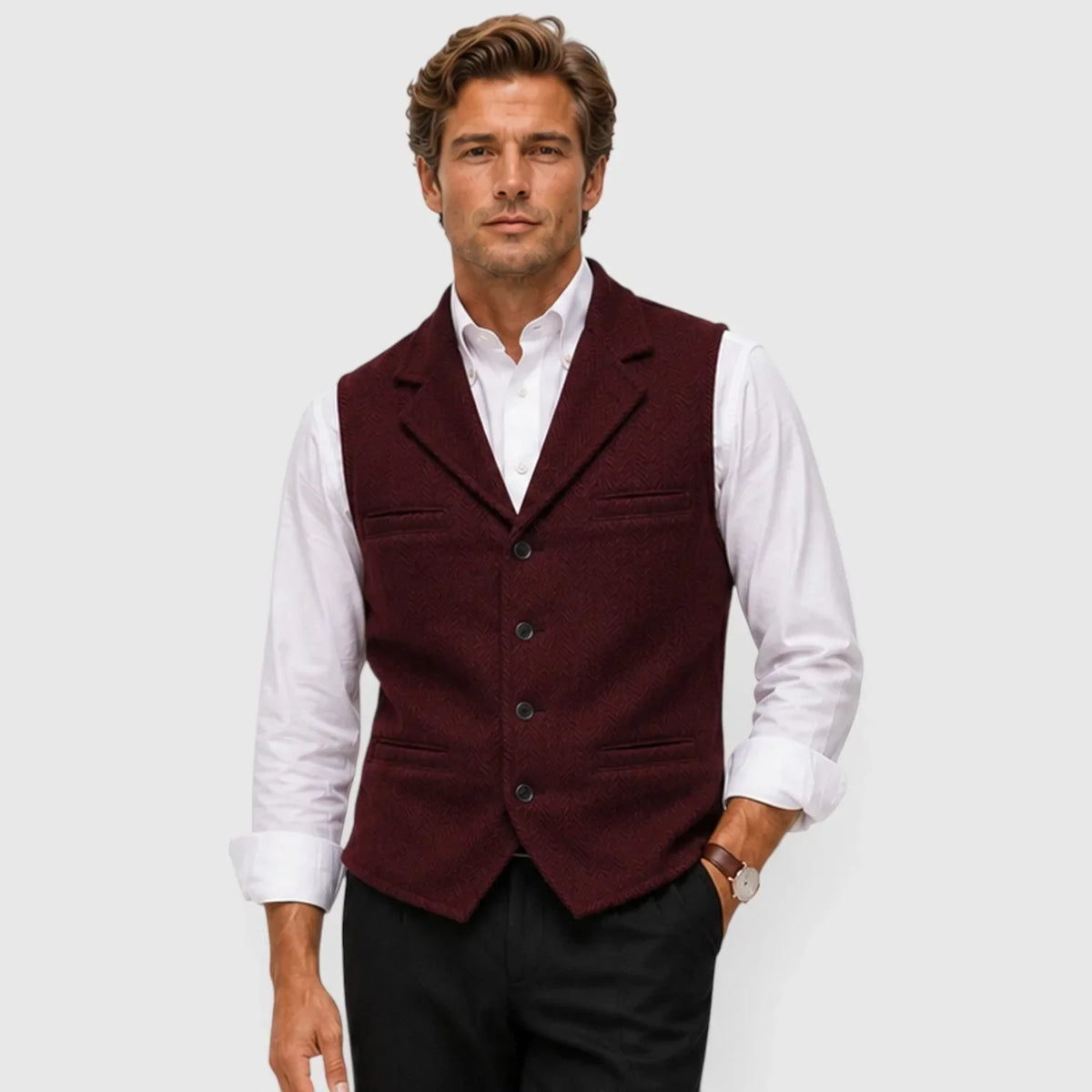 Men's Slim Fit Waistcoat | Herringbone Wool Blend Vest