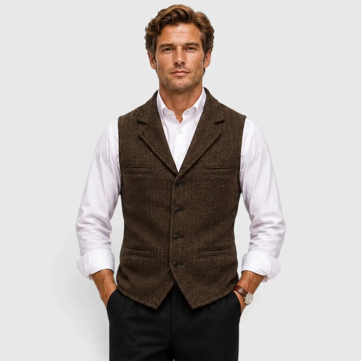 Men's Slim Fit Waistcoat | Herringbone Wool Blend Vest