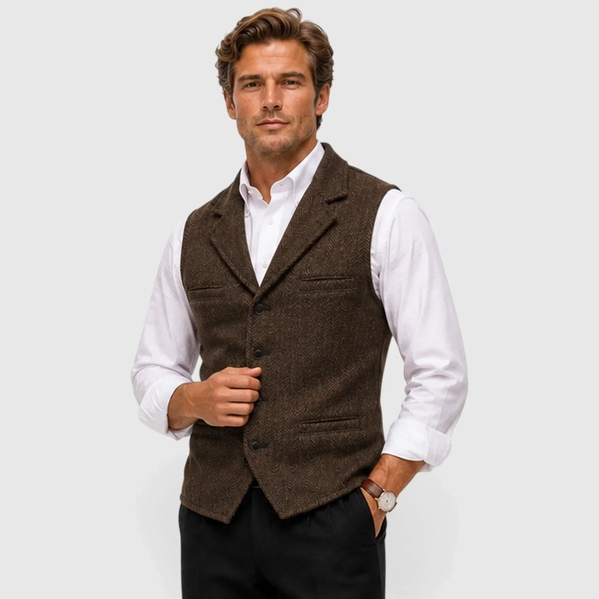 Men's Slim Fit Waistcoat | Herringbone Wool Blend Vest