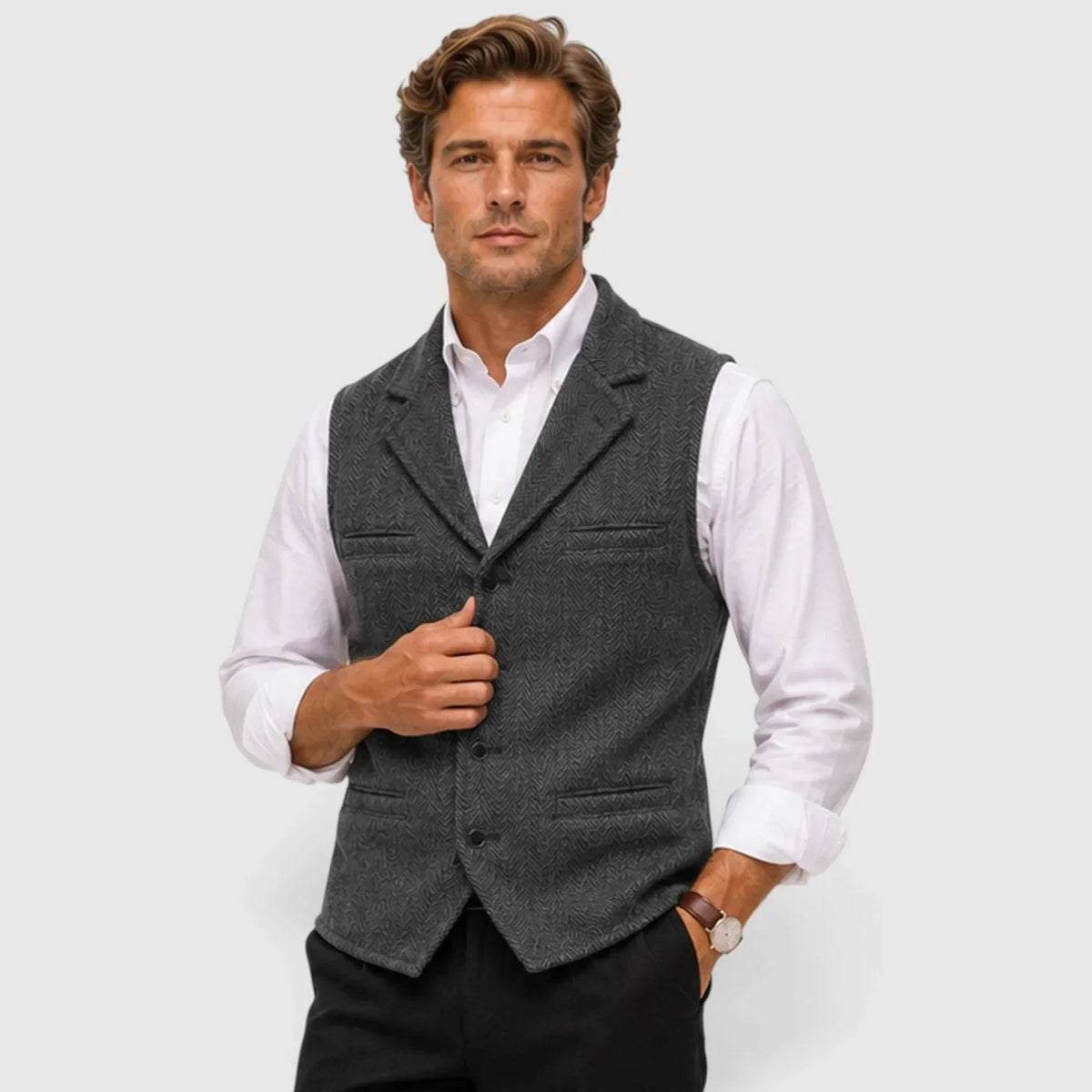Men's Slim Fit Waistcoat | Herringbone Wool Blend Vest