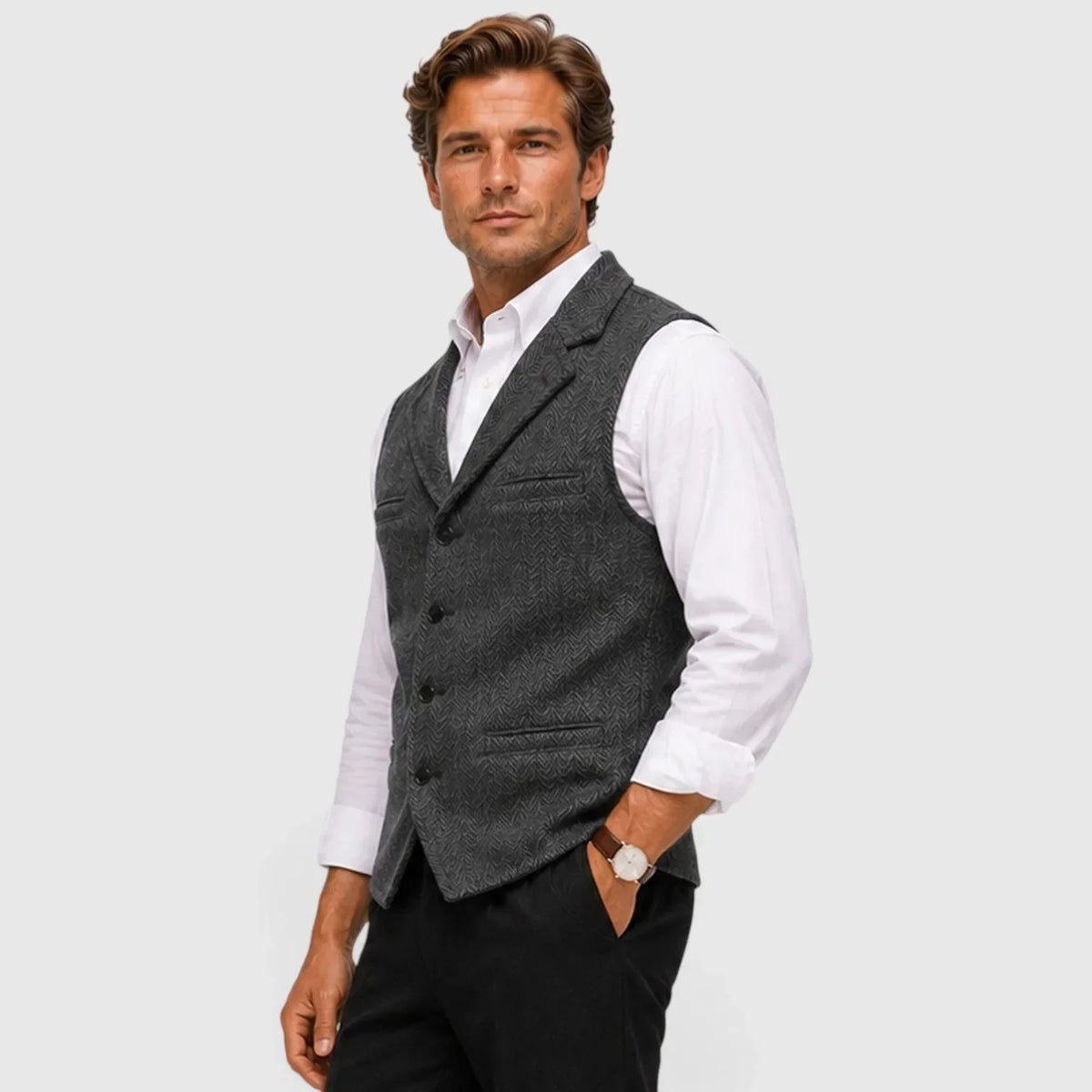 Men's Slim Fit Waistcoat | Herringbone Wool Blend Vest
