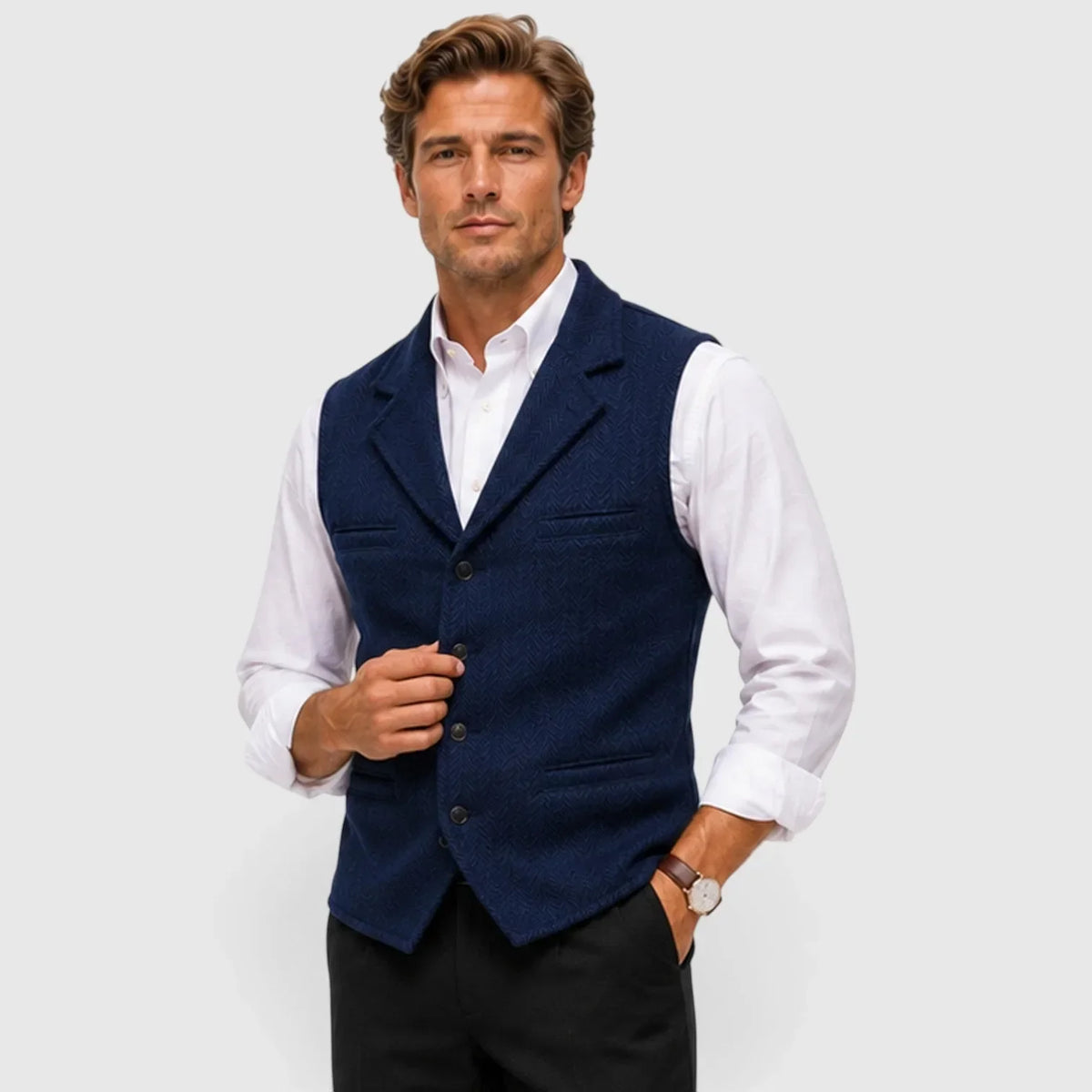 Men's Slim Fit Waistcoat | Herringbone Wool Blend Vest
