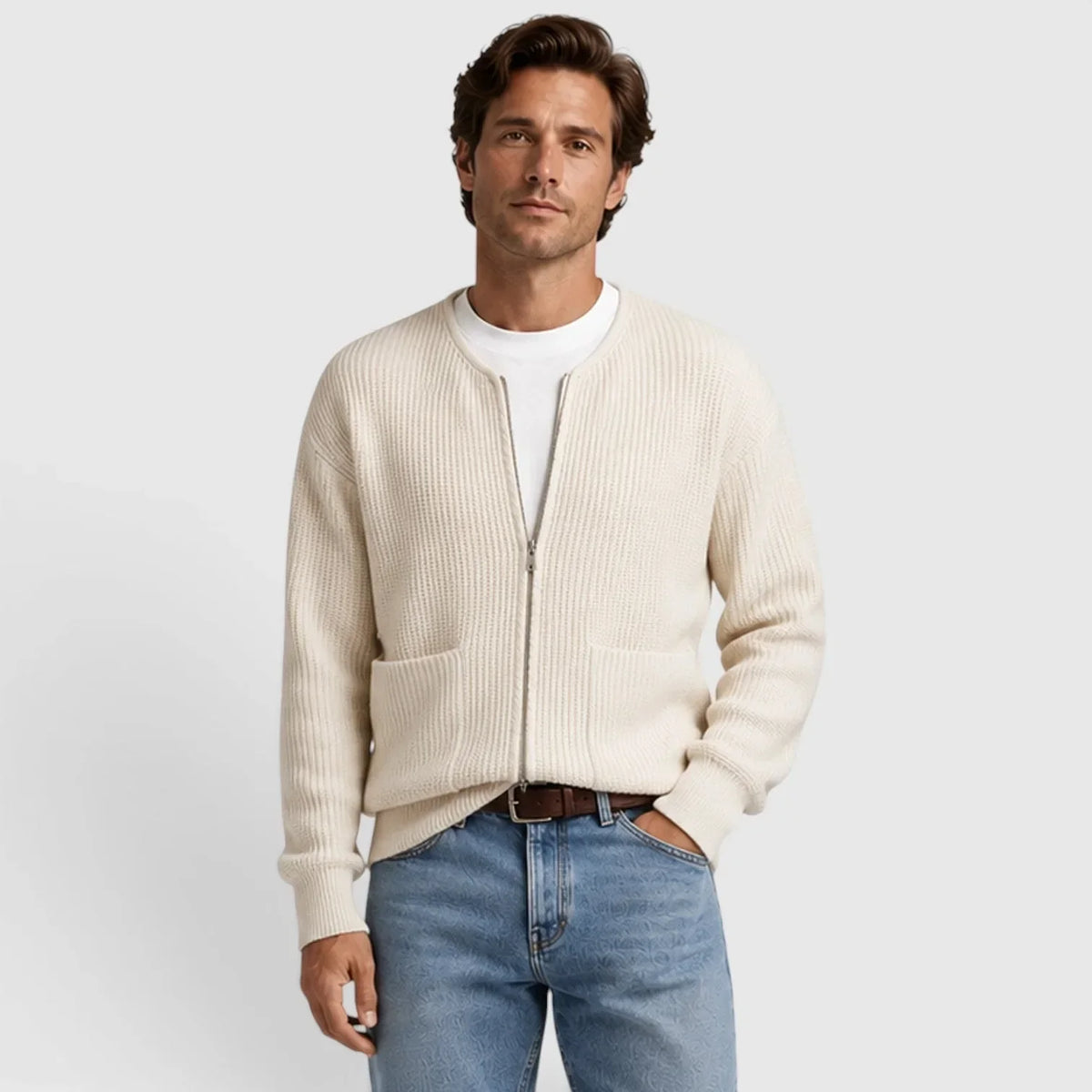Men's Zip-Front Cardigan | Textured Knit Long Sleeve