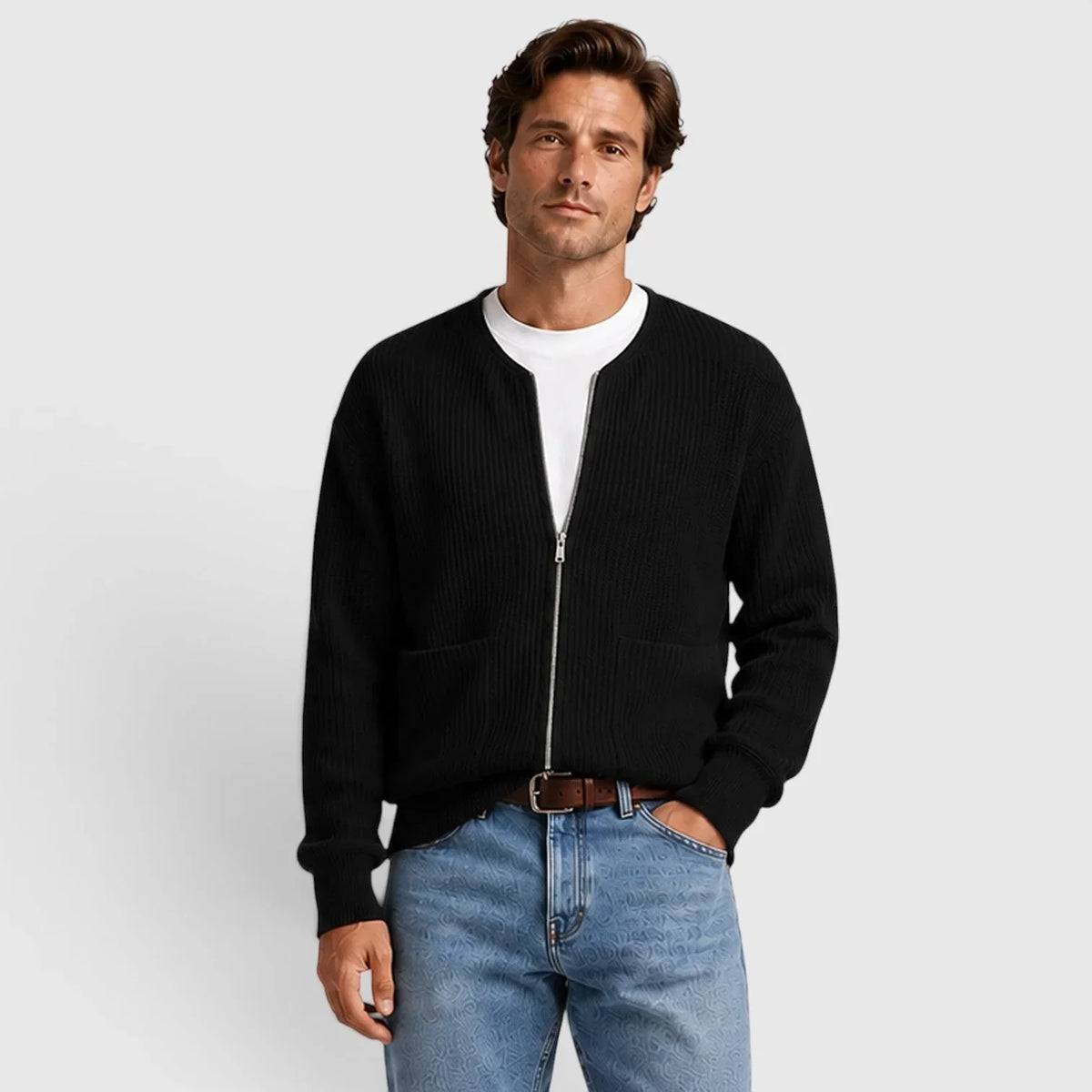 Men's Zip-Front Cardigan | Textured Knit Long Sleeve