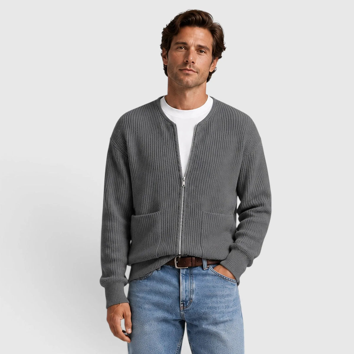 Men's Zip-Front Cardigan | Textured Knit Long Sleeve