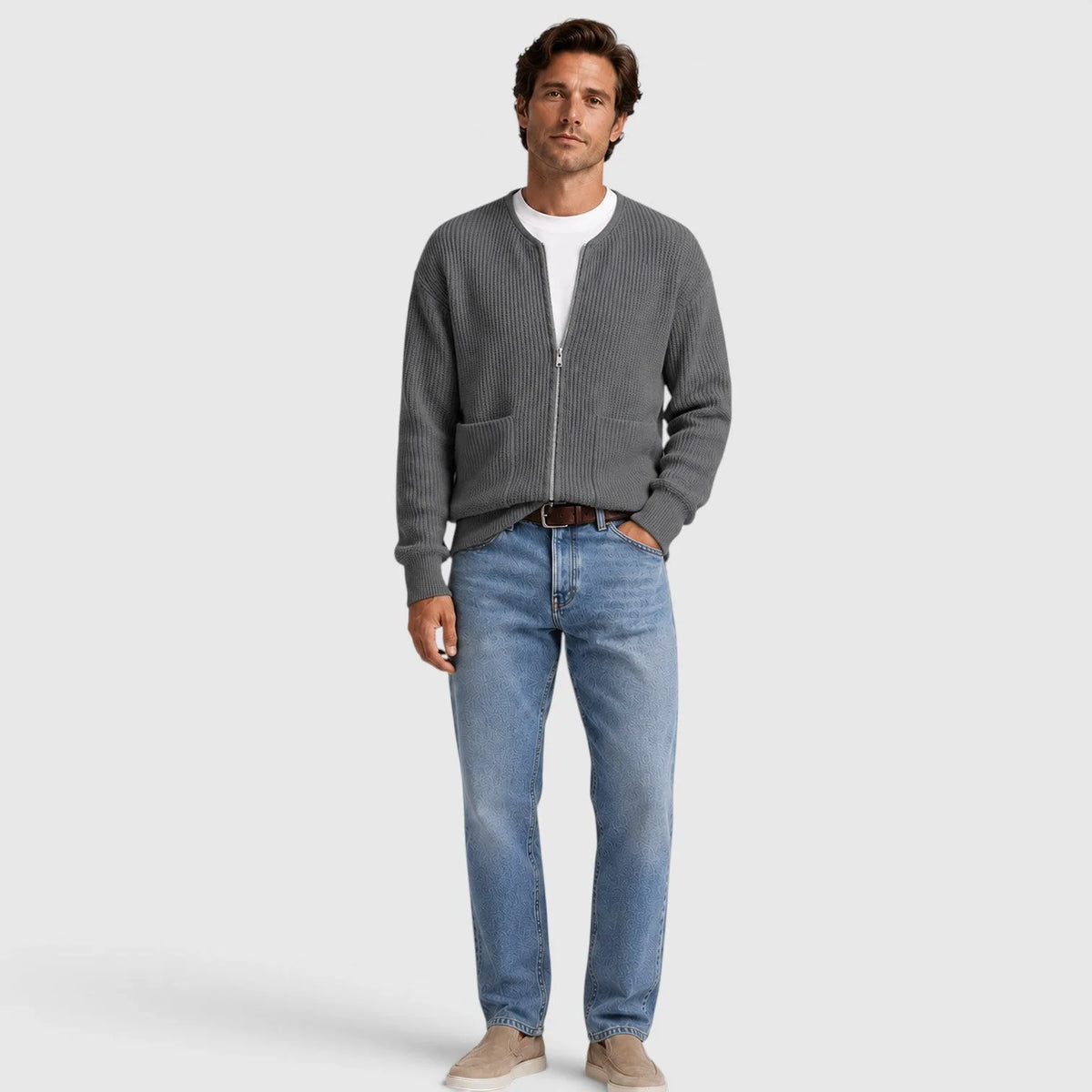 Men's Zip-Front Cardigan | Textured Knit Long Sleeve