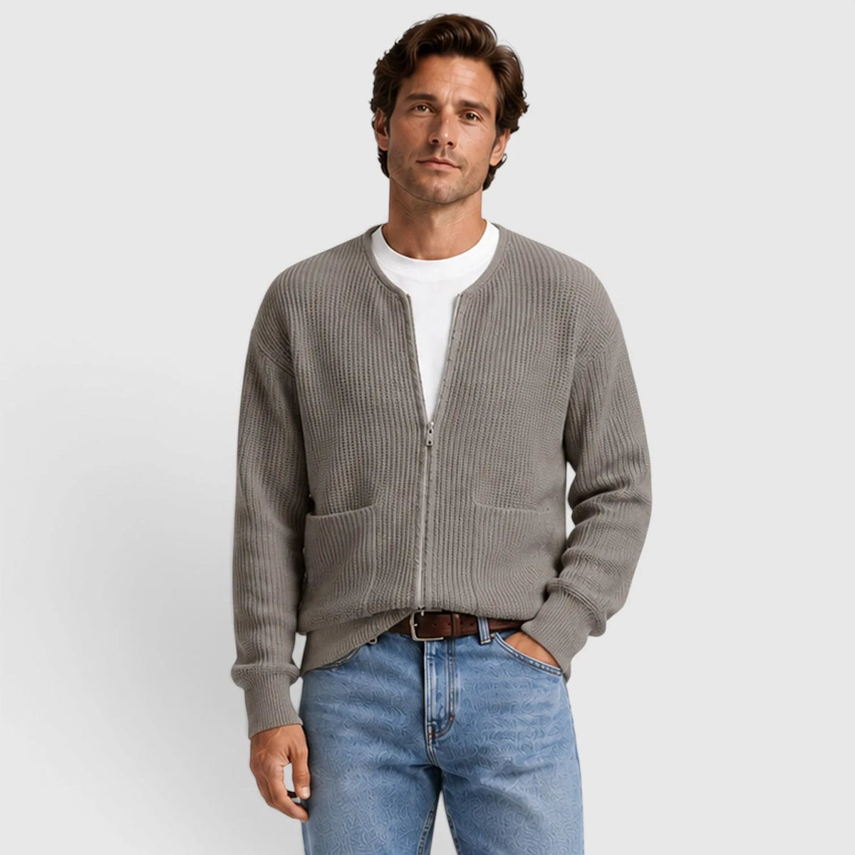 Men's Zip-Front Cardigan | Textured Knit Long Sleeve