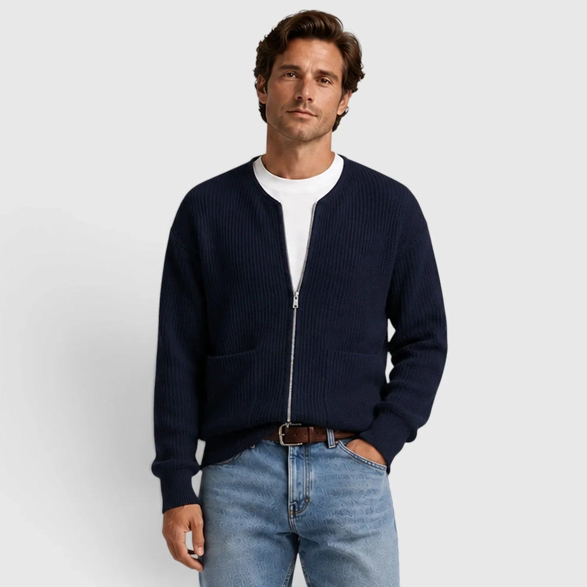 Men's Zip-Front Cardigan | Textured Knit Long Sleeve